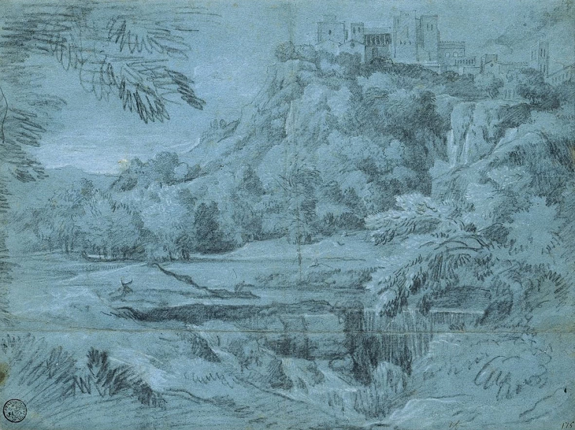 Gaspar Dughet detto Pussino - Paesaggio con città di montagna e cascata